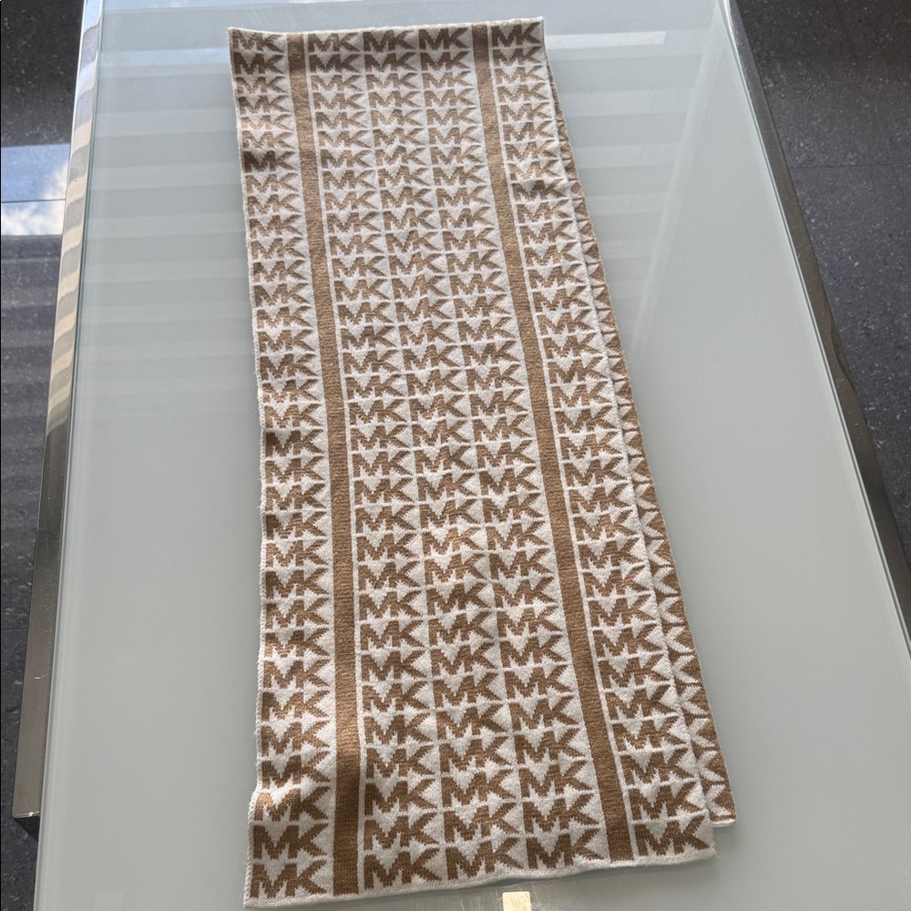 Michael Kors Tan and White Logo Pattern Scarf